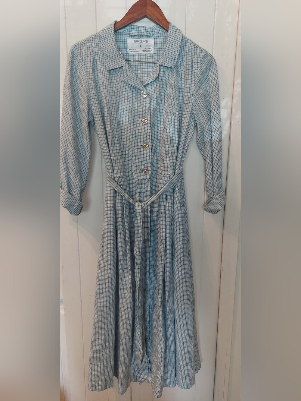 Grizas Blue and White Checked Linen Shirt Dress